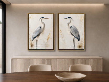 Blue heron impasto canvas wall art, two framed paintings of a tall bird, likely a crane, hanging on a wall above a wooden
