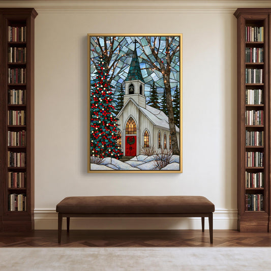 Christmas church canvas wall art, white chapel and decorated tree in stained glass style