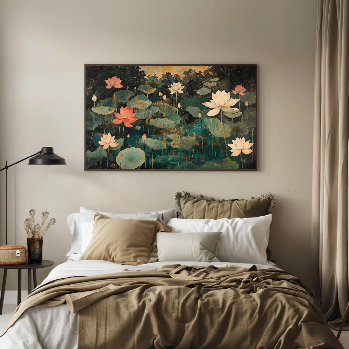 Lotus Pond , Gold Teal Indian Mughal Floral Art canvas wall art shown in a bedroom (view 3)