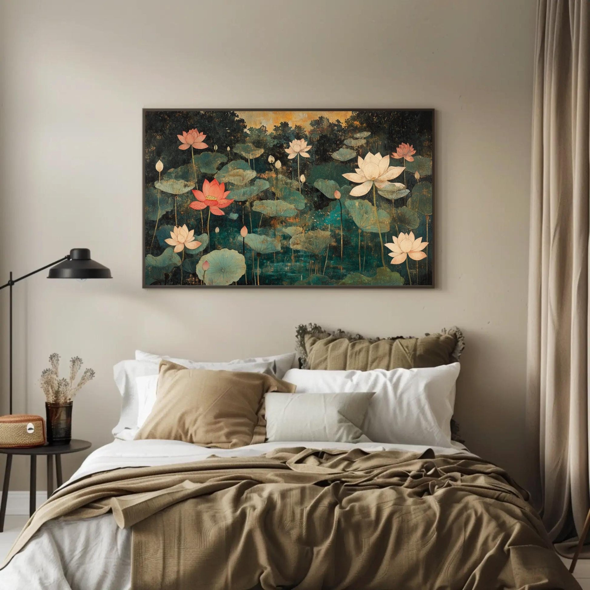 Lotus Pond , Gold Teal Indian Mughal Floral Art canvas wall art shown in a bedroom (view 3)