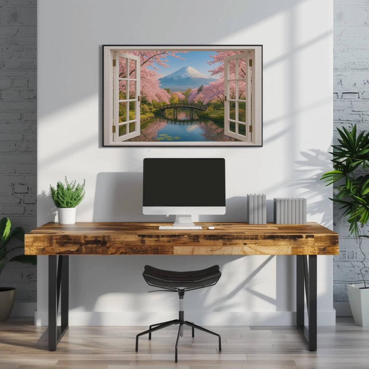 Mount Fuji window view canvas wall art, desk with a computer on top of it