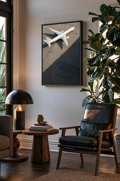 a modern living room with a large window, a black leather chair, a wooden side table with a lamp, and a framed picture of an airplane on the wall.