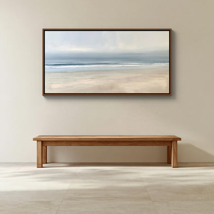 Calm minimalist beach canvas wall art, wooden bench situated in a minimalist setting, with a framed landscape painting