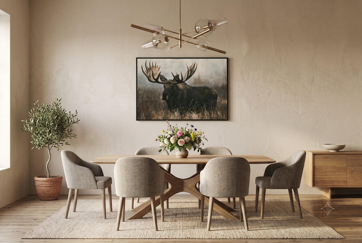 a dining room with a wooden table and six upholstered chairs. Above the table, there is a framed picture of a moose. The room has a neutral color scheme with beige walls and a wooden floor. A chandelier is hanging from the ceiling, and there is a potted plant and a vase on the table.