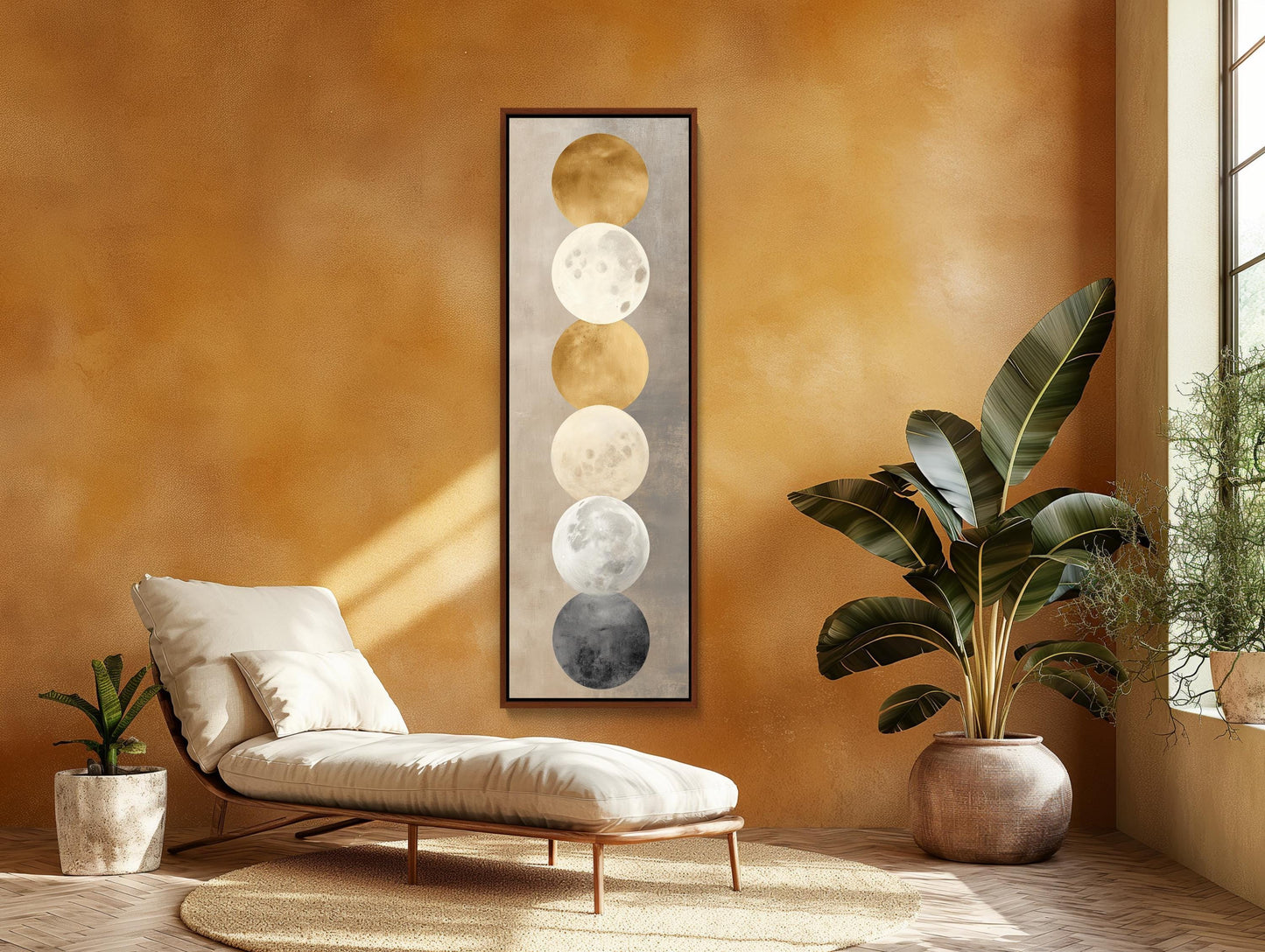 Gold Moon Phases canvas wall art shown in a living room