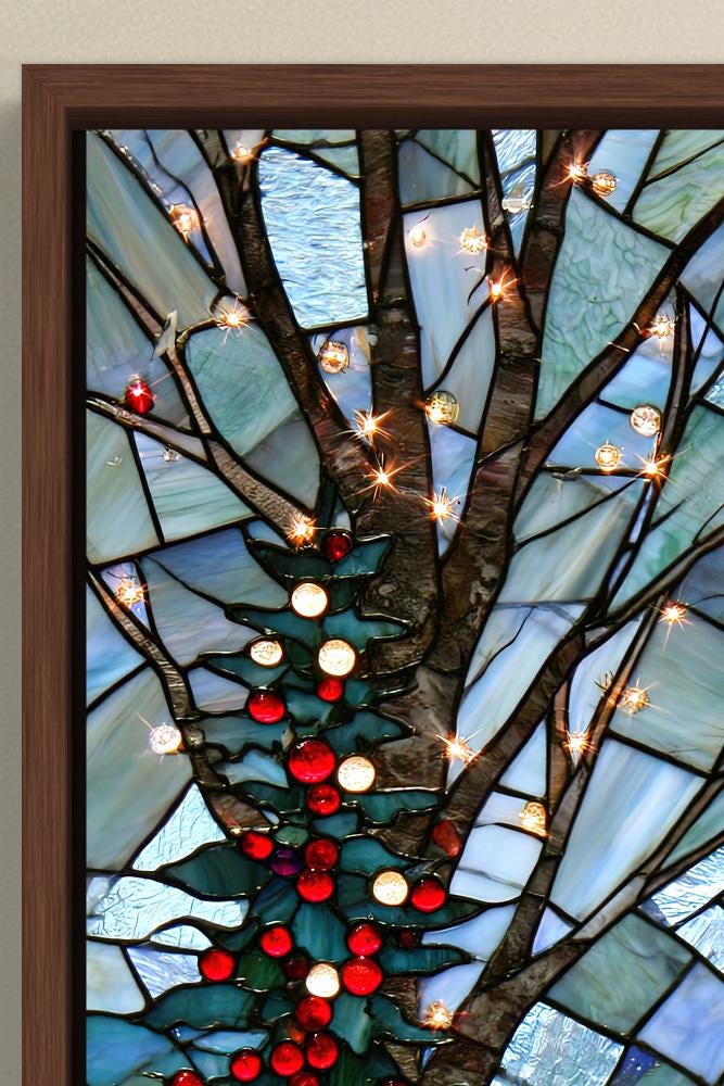 Christmas chapel stained glass canvas wall art, stained glass window depicting a tree with red and white ornaments
