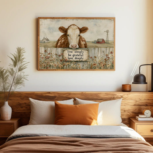 Vintage Cow canvas wall art shown in a bedroom