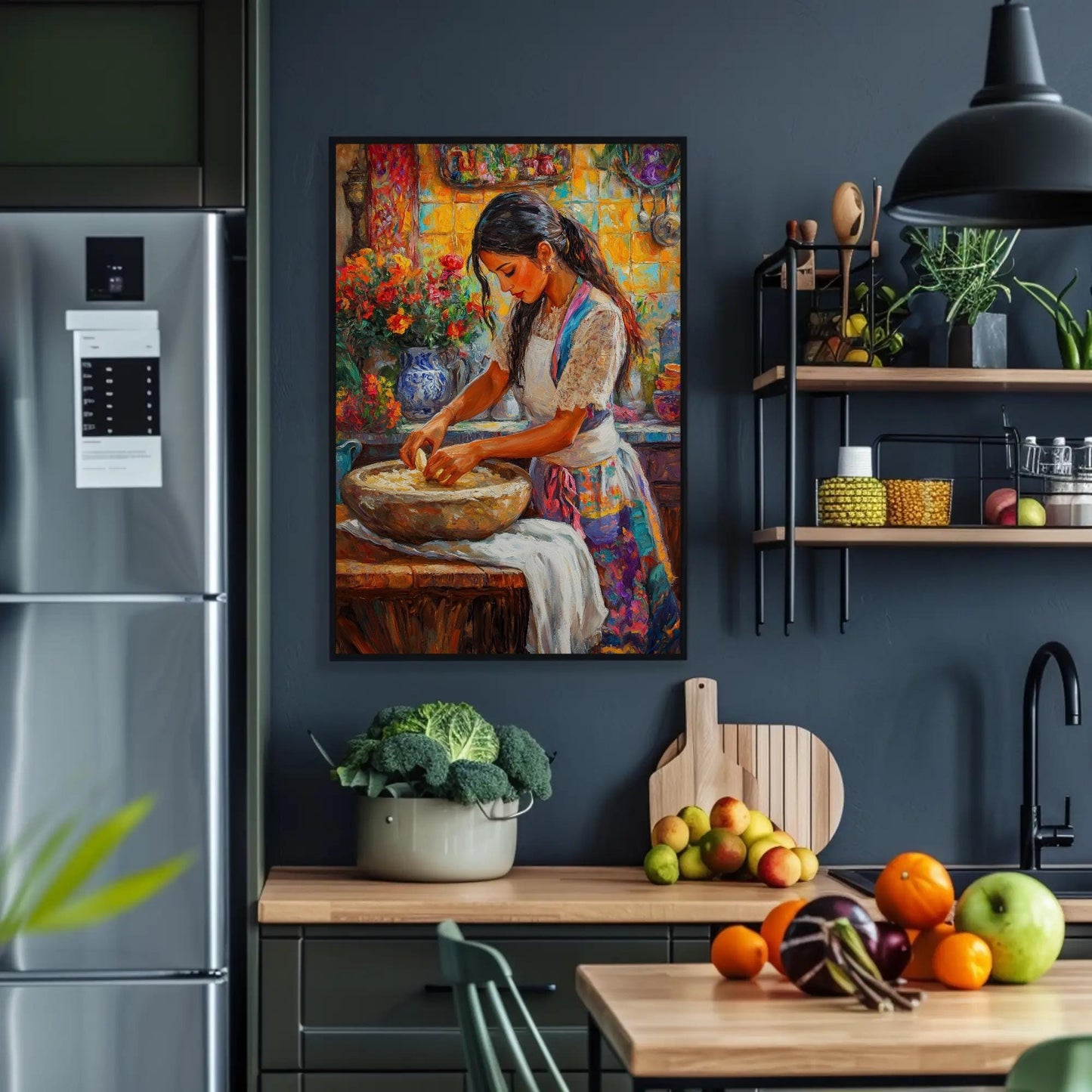 Mexican Cooking , Vibrant Kitchen Cocina canvas wall art shown in a kitchen