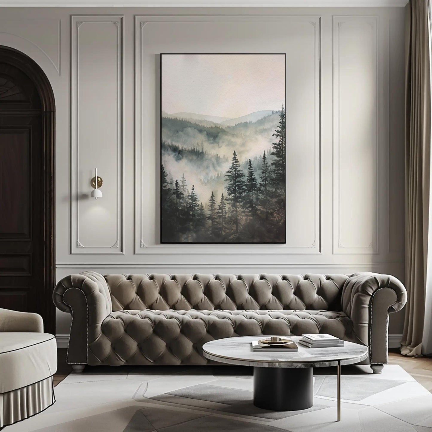 Misty Pine Forest canvas wall art shown in a living room (view 2)