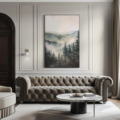 Misty Pine Forest canvas wall art shown in a living room (view 2)