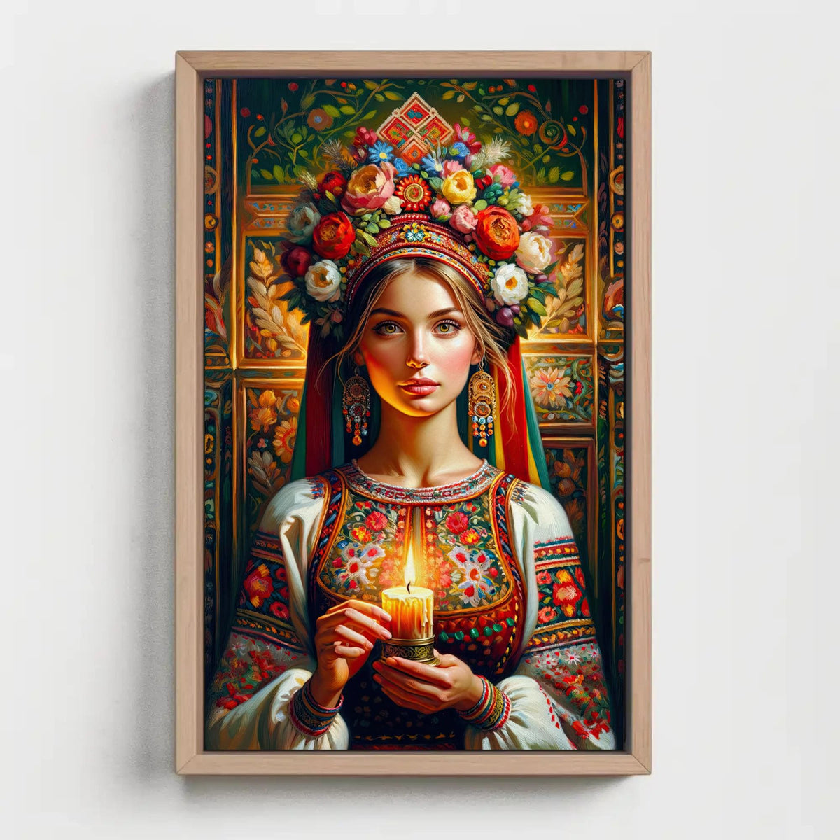 Ukrainian girl with candle canvas wall art, painting of a woman holding a candle