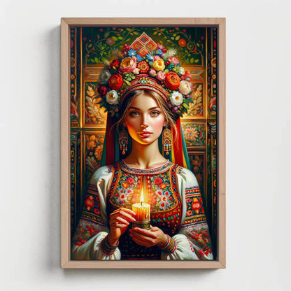 Ukrainian girl with candle canvas wall art, painting of a woman holding a candle