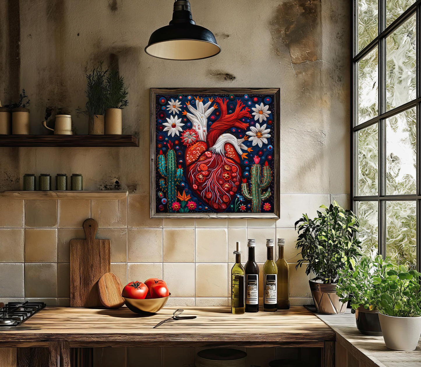 a painting of a heart on a wall above a kitchen counter