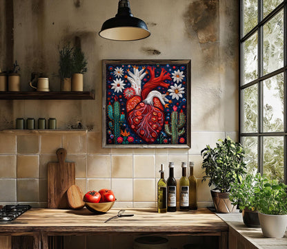 a painting of a heart on a wall above a kitchen counter
