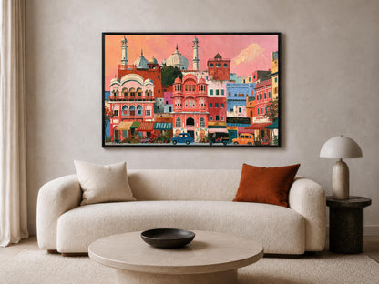a large, colorful painting of a cityscape hanging on a wall above a white sofa in a living room.