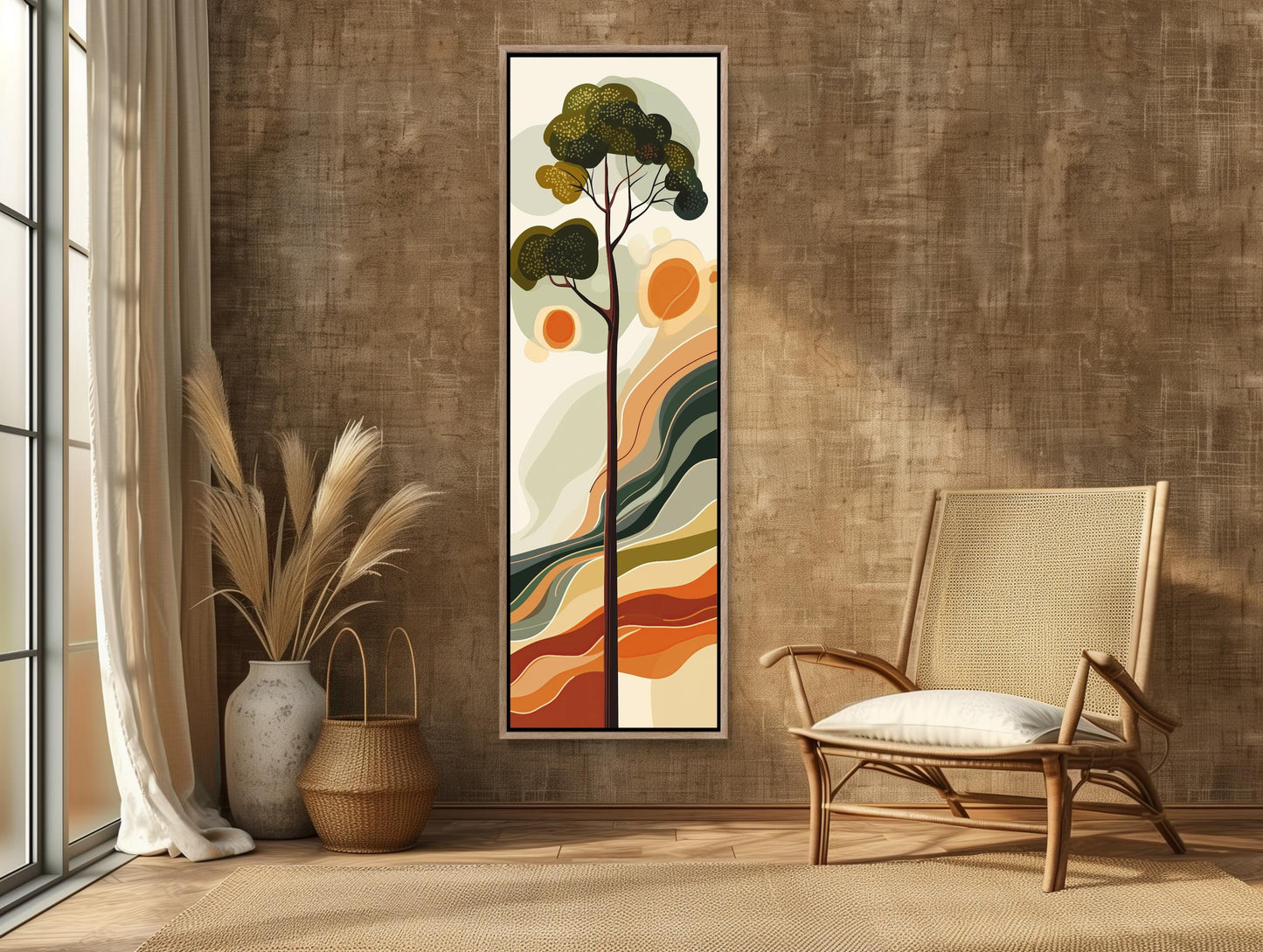 a modern living room with a large abstract painting hanging on the wall, a woven chair, and a large window with white curtains.