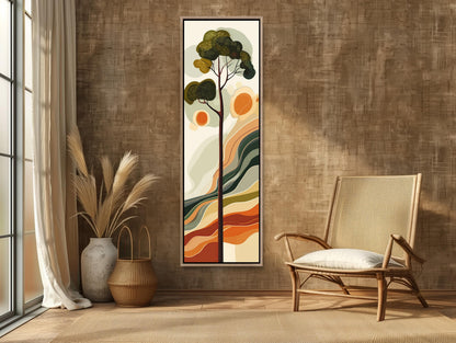 a modern living room with a large abstract painting hanging on the wall, a woven chair, and a large window with white curtains.