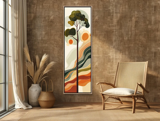 a modern living room with a large abstract painting hanging on the wall, a woven chair, and a large window with white curtains.