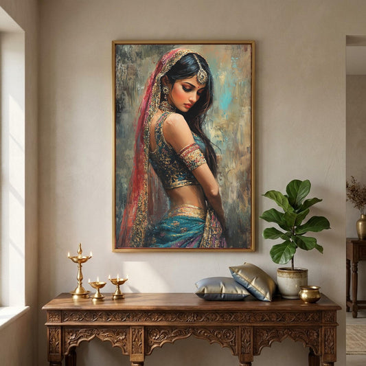 Indian bride canvas wall art, woman in red dupatta and teal sari with gold jewellery looking over her shoulder