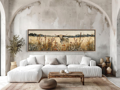 Texas Longhorn Cow Canvas, Panoramic Wildflower Field Art, Rustic Farmhouse Decor