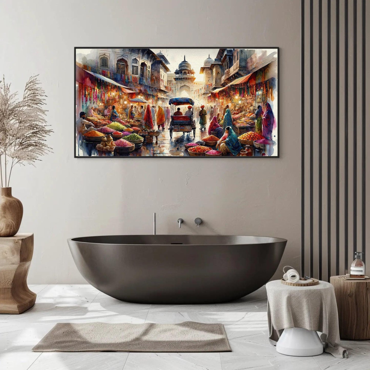 Indian Bazaar , Vibrant Spice Market canvas wall art shown in a bathroom