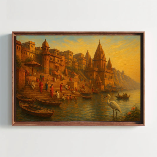 a painting hanging on a wall of a city