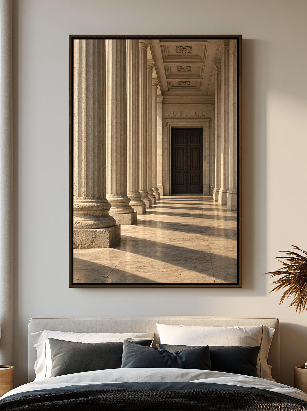 a long, elegant hallway with tall, white columns and a wooden door, creating a sense of grandeur and spaciousness.