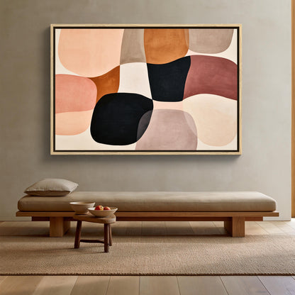 Organic shapes abstract canvas wall art, blush terracotta and black rounded blocks