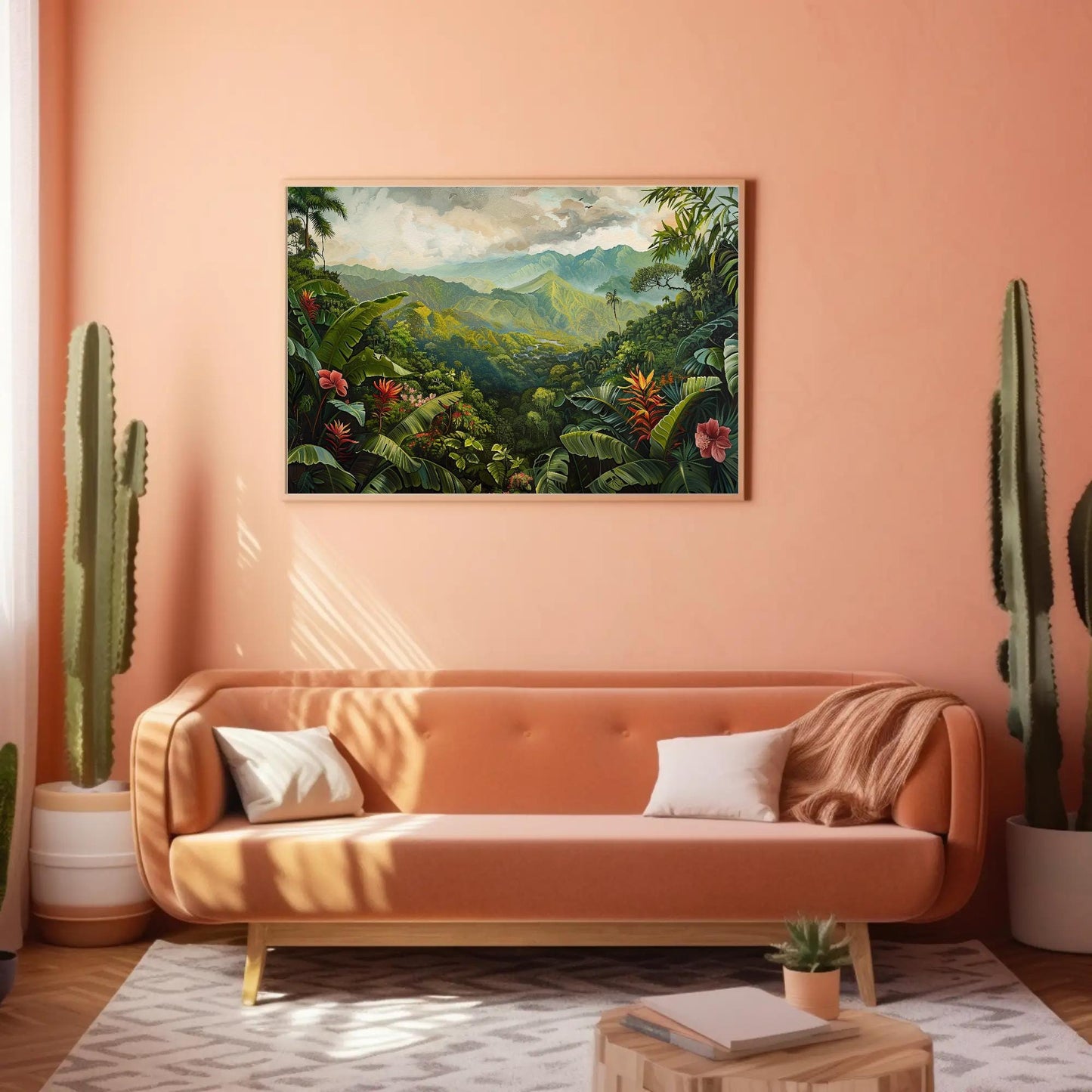 Costa Rica Tropical , Pura Vida Jungle canvas wall art shown in a living room