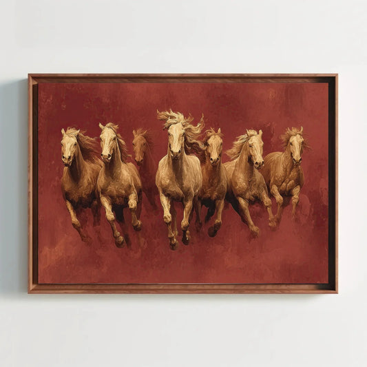 7 Gold Horses Vastu Canvas Art - Mocha Sunrise, Luxury Indian Decor for Success & Prosperity, Contemporary Equine Painting Wall Art – Canvas Print
