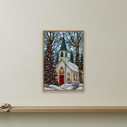 Christmas chapel stained glass canvas wall art, stained glass window depicting a white church with a red door, surrounded by