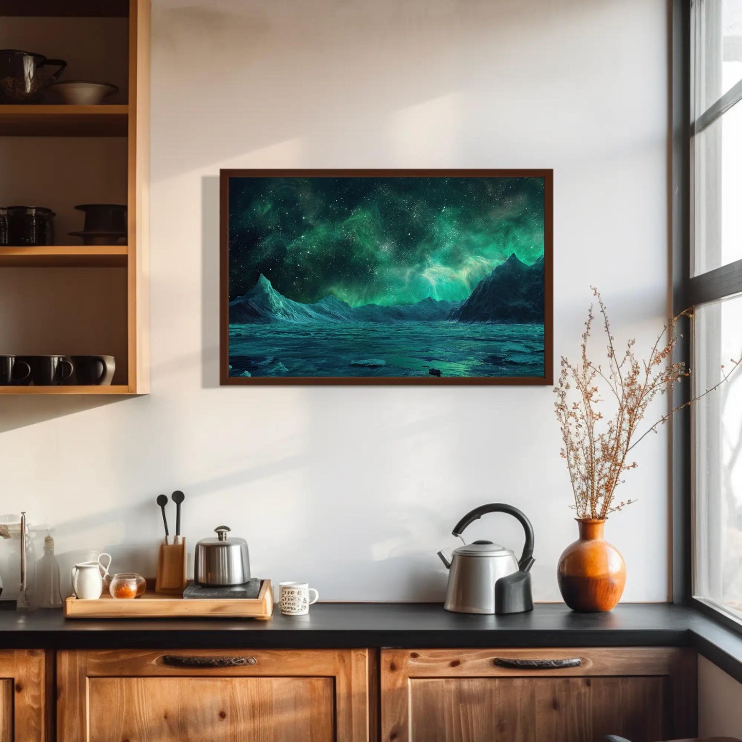 Antarctica Night canvas wall art shown in a kitchen