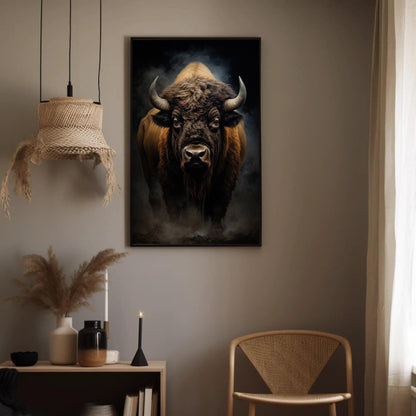 Bison canvas wall art shown in a styled interior