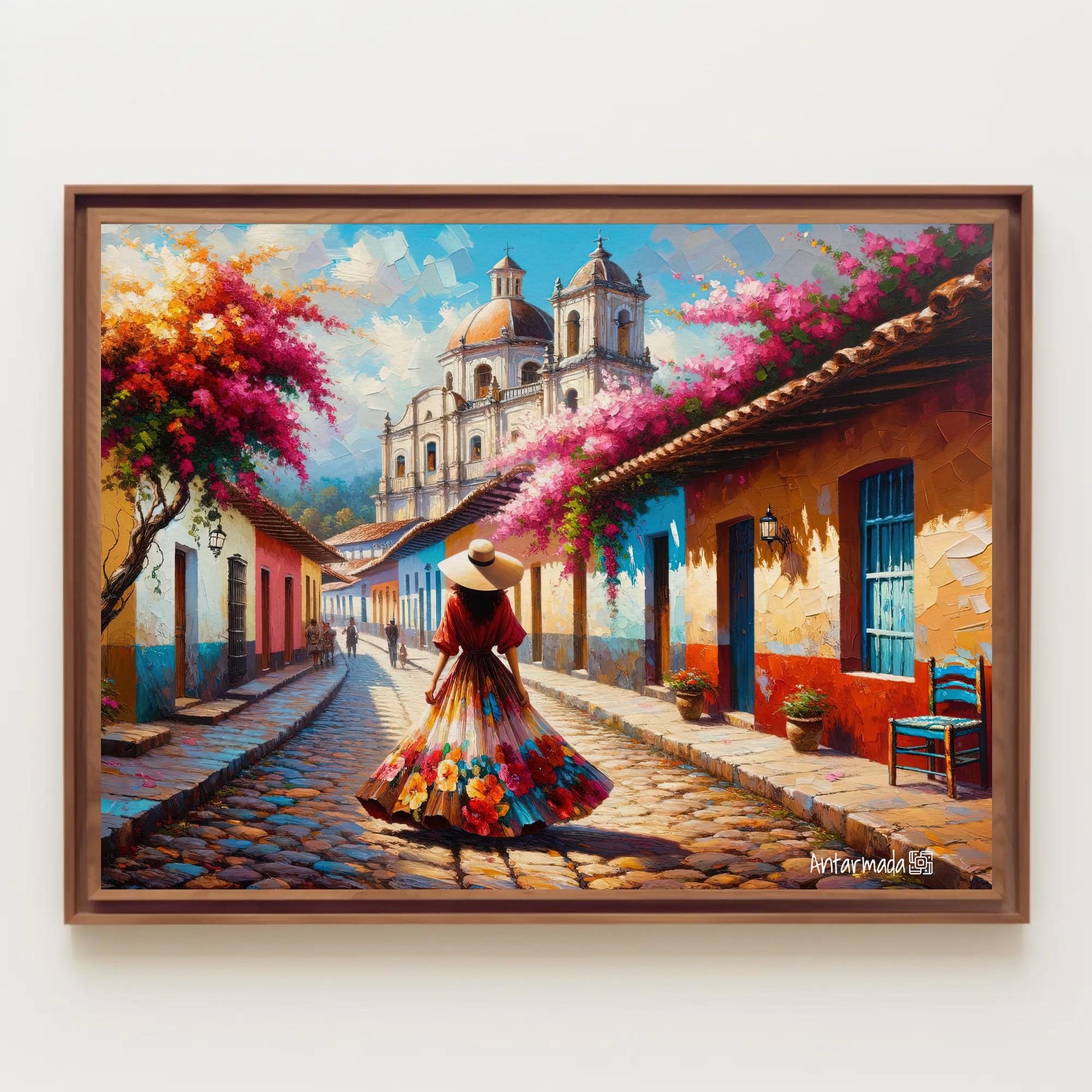 Mexican Town folk art canvas wall art, ready to hang