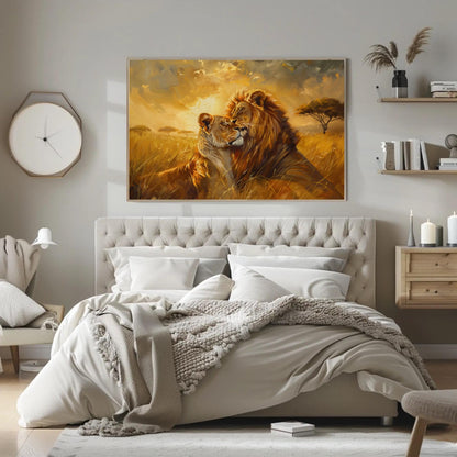 Lion Couple , Romantic Wildlife Sunset canvas wall art shown in a bedroom