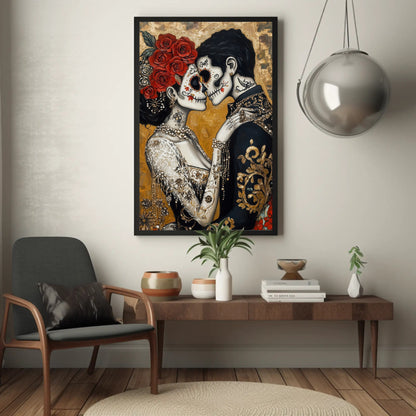 Day of the Dead canvas wall art shown in a styled interior