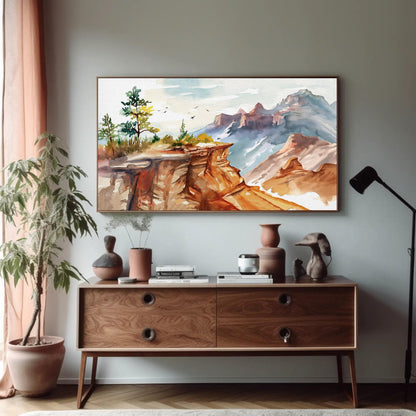 Grand Canyon Watercolor Painting canvas wall art shown in a styled room