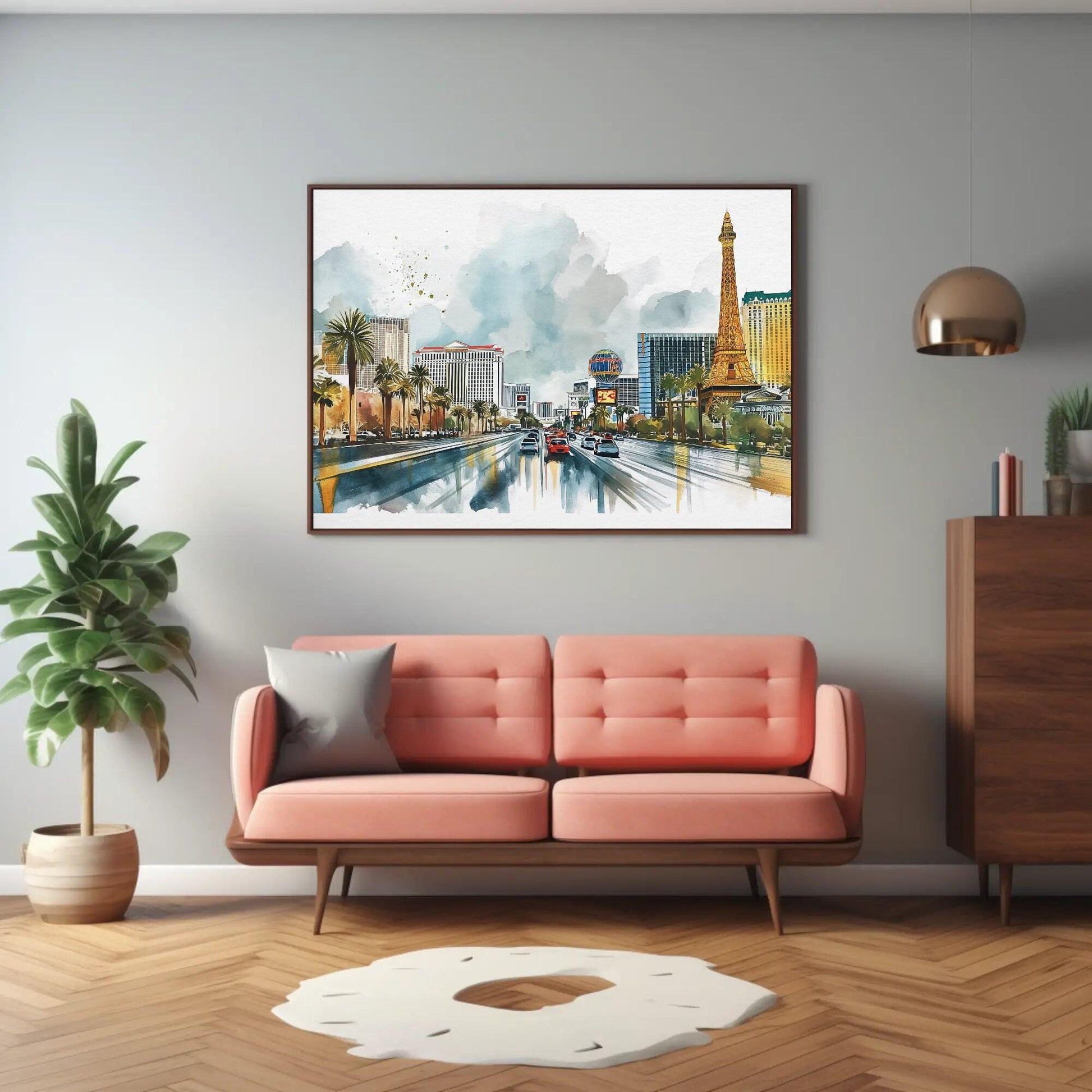 Las Vegas Strip canvas wall art shown in a living room