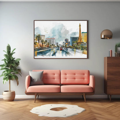 Las Vegas Strip canvas wall art shown in a living room
