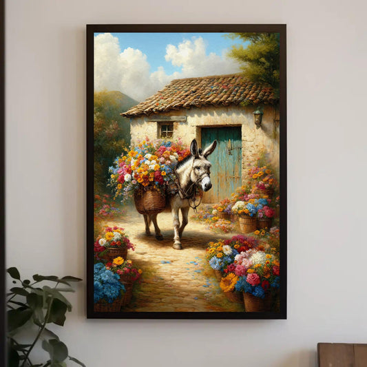 Mexican Donkey Canvas Art – Rustic Farmhouse Decor With Burro Flower Painting