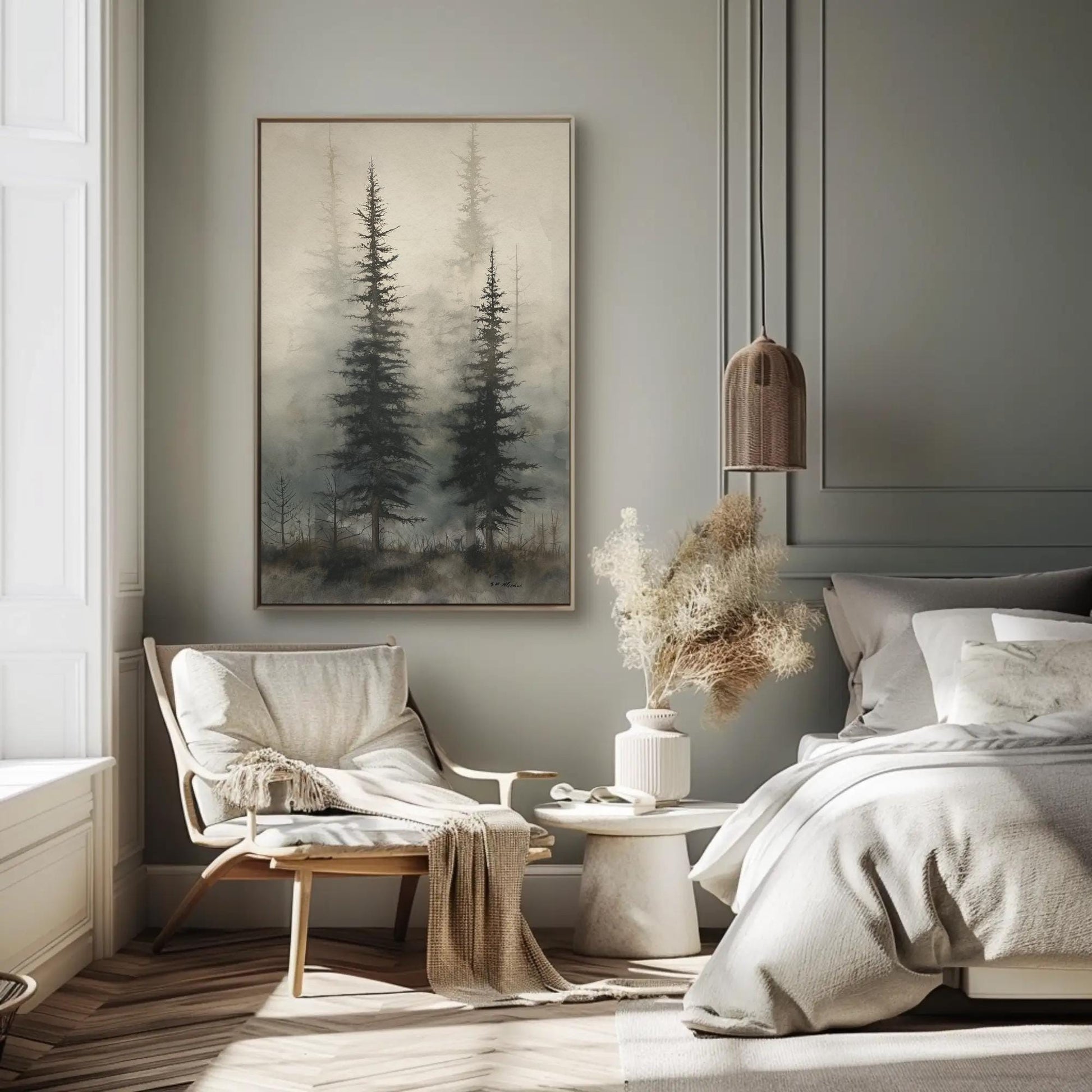 Foggy Pine Forest , Misty Woodland canvas wall art shown in a bedroom