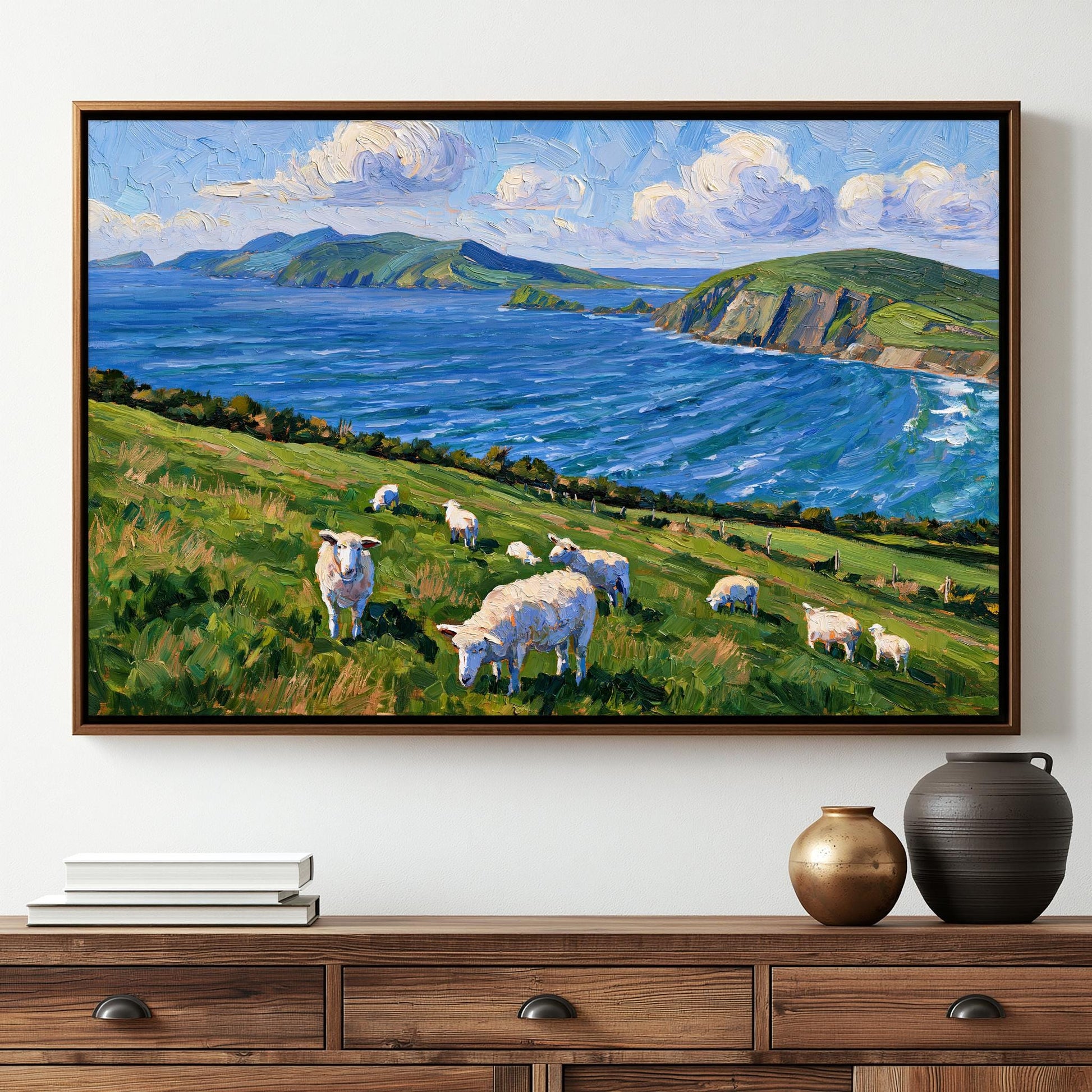 a pastoral scene with a group of sheep grazing on a grassy hillside overlooking a body of water. The sky is filled with clouds, creating a picturesque backdrop for the pastoral landscape.