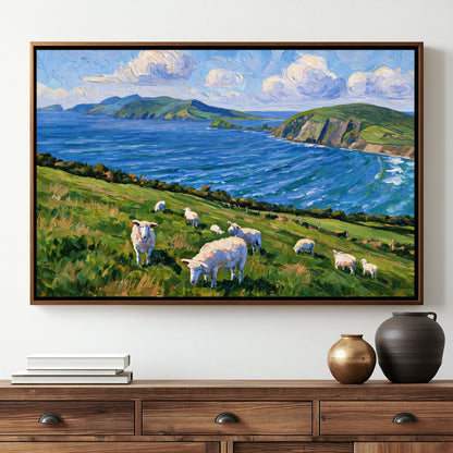 a pastoral scene with a group of sheep grazing on a grassy hillside overlooking a body of water. The sky is filled with clouds, creating a picturesque backdrop for the pastoral landscape.