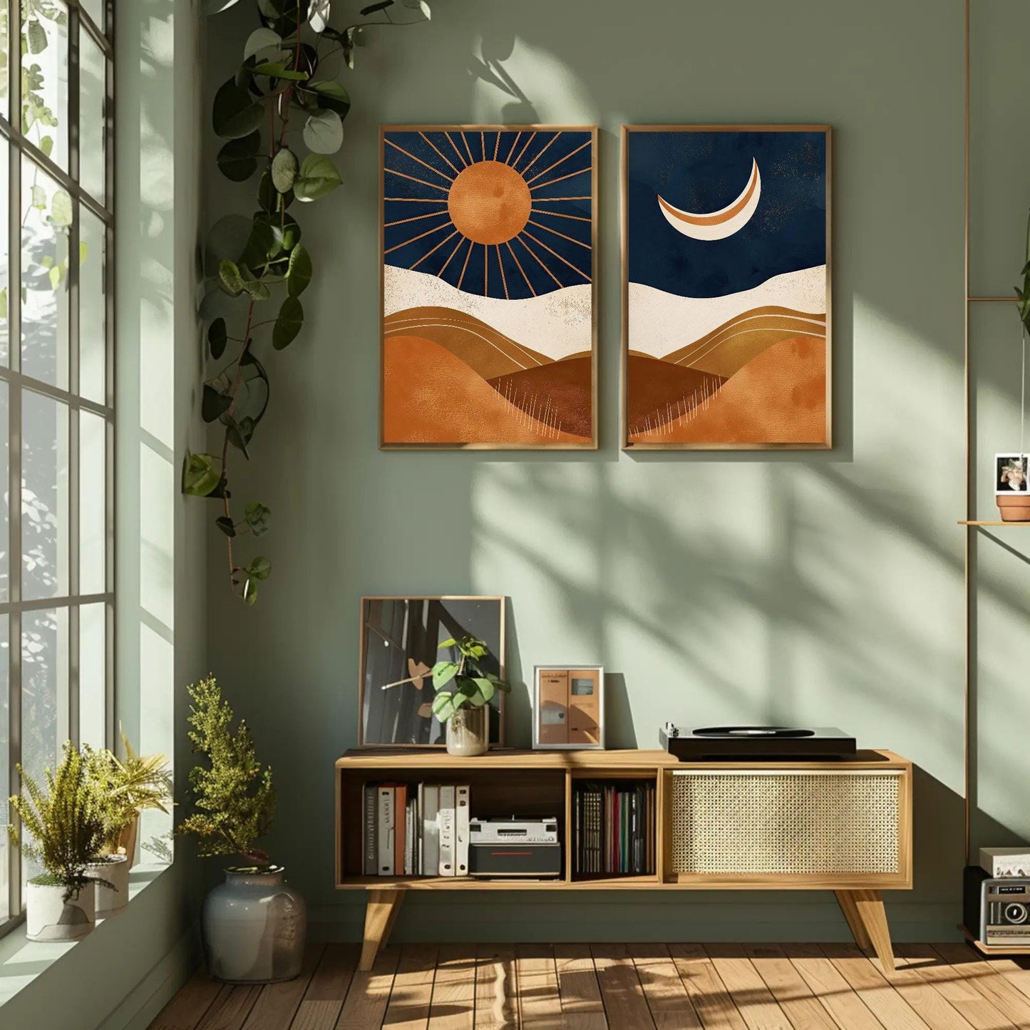 Sun and Moon canvas wall art shown in a living room