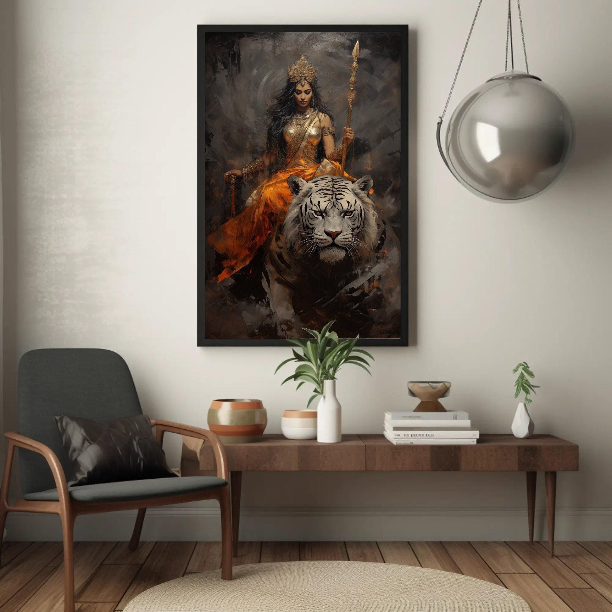Goddess Durga , Hindu Warrior Mata canvas wall art shown in a styled room (view 3)