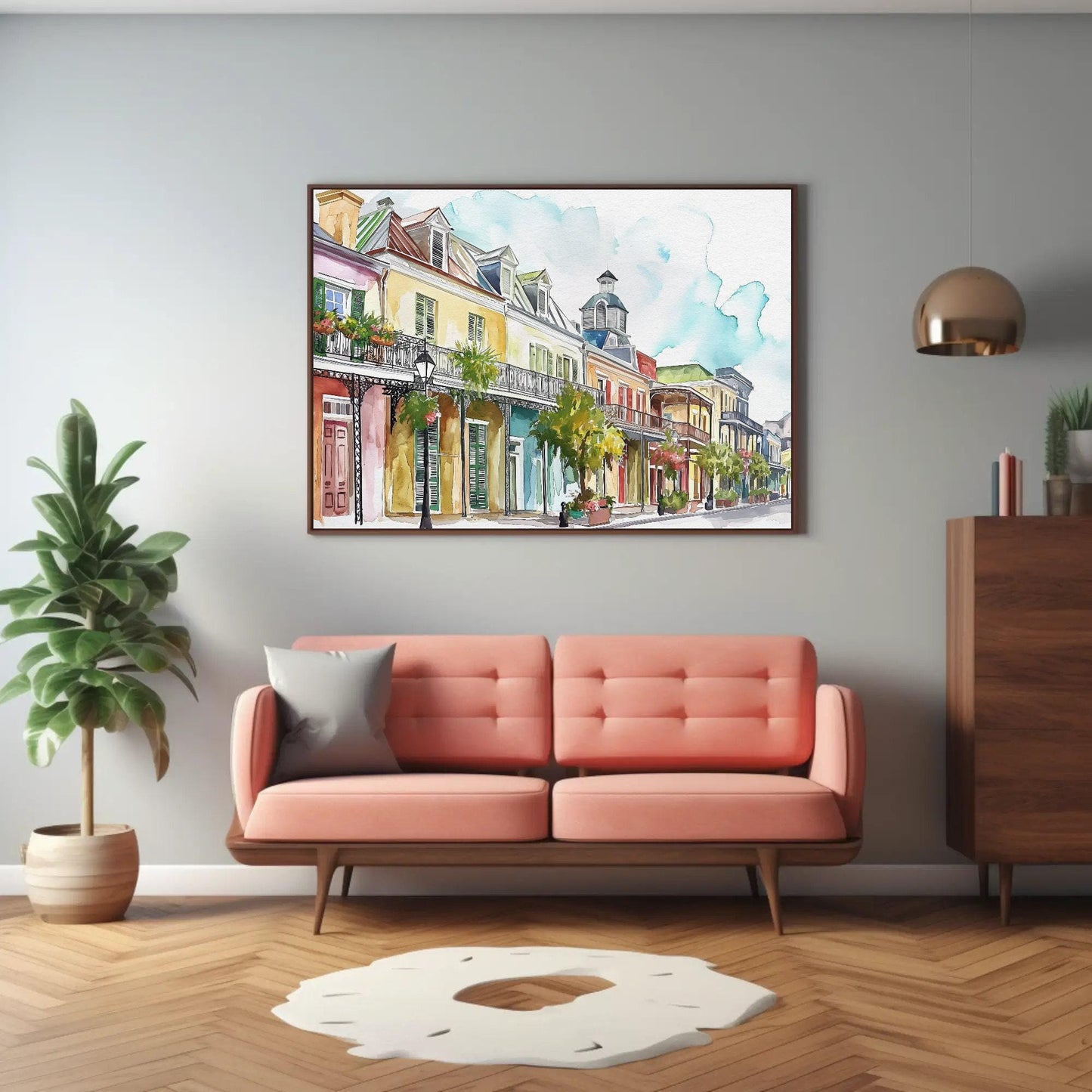 French Quarter , New Orleans Watercolor canvas wall art shown in a living room