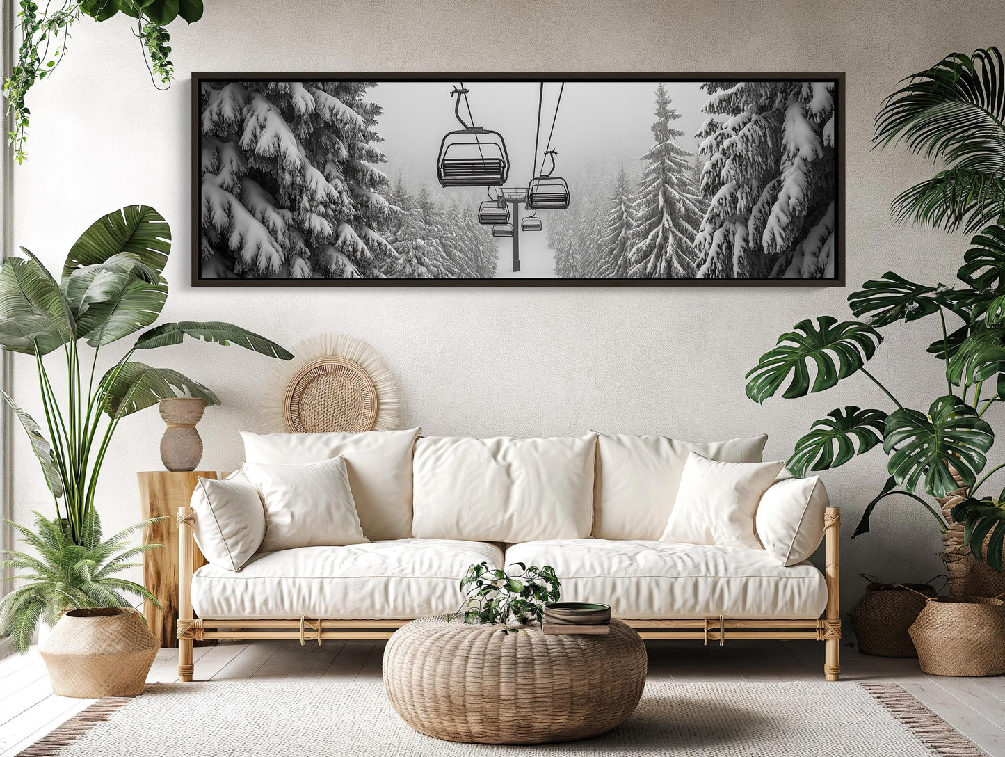 Ski Lift , Panoramic Winter Mountain canvas wall art shown in a living room