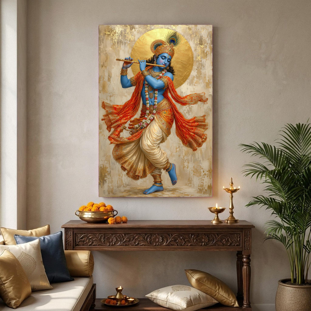 a large painting of a Hindu deity, possibly a depiction of Krishna, hanging on a wall above a wooden console table. The table is adorned with various objects, including a bowl of fruit, a plate of oranges, and a small plant. The overall setting appears to be a living room or a similar indoor space.