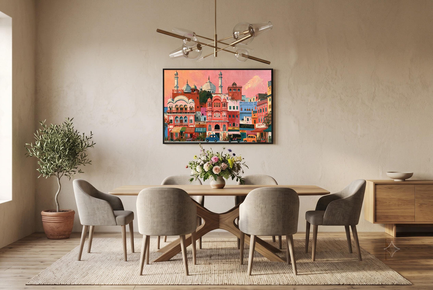a modern dining room with a wooden table and six matching chairs. Above the table, there is a large framed picture of a cityscape with buildings and a pink sky. The room has a neutral color scheme with beige walls and a wooden floor. A chandelier is hanging from the ceiling, and a potted plant is placed on the floor.