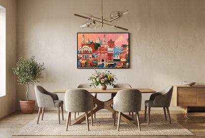 a modern dining room with a wooden table and six matching chairs. Above the table, there is a large framed picture of a cityscape with buildings and a pink sky. The room has a neutral color scheme with beige walls and a wooden floor. A chandelier is hanging from the ceiling, and a potted plant is placed on the floor.